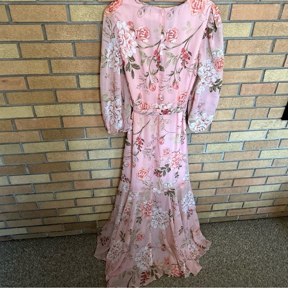 NWT Eliza J Women's Long Sleeve Surplice Floral Foil Print Chiffon Dress Size 10 - Picture 4 of 7